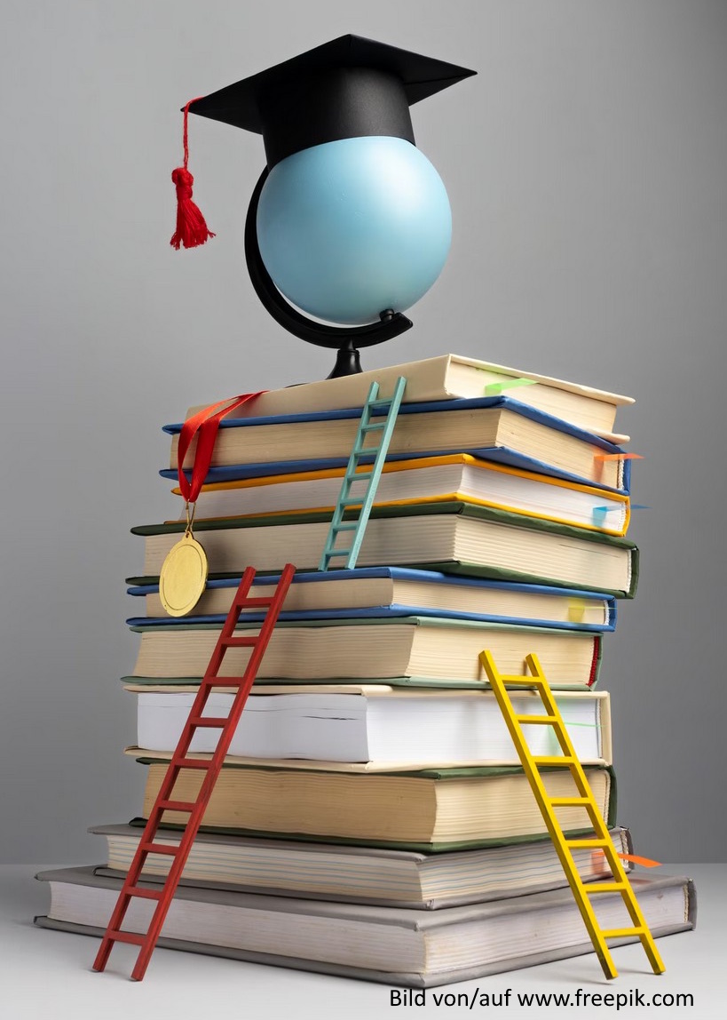 Freepik, Lernen, BücherstapelmitGlobusHut_ZT